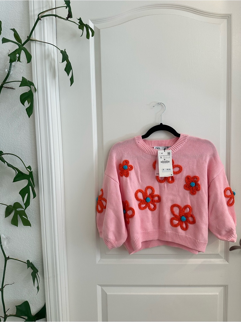 Zara Pink Crewneck Sweater with Red & Blue Floral Appliqués